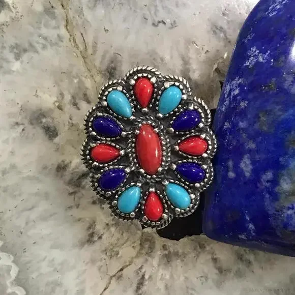 Carolyn Pollack Sterling Silver Multi Gemstone Cluster Ring Size 5 For Women
